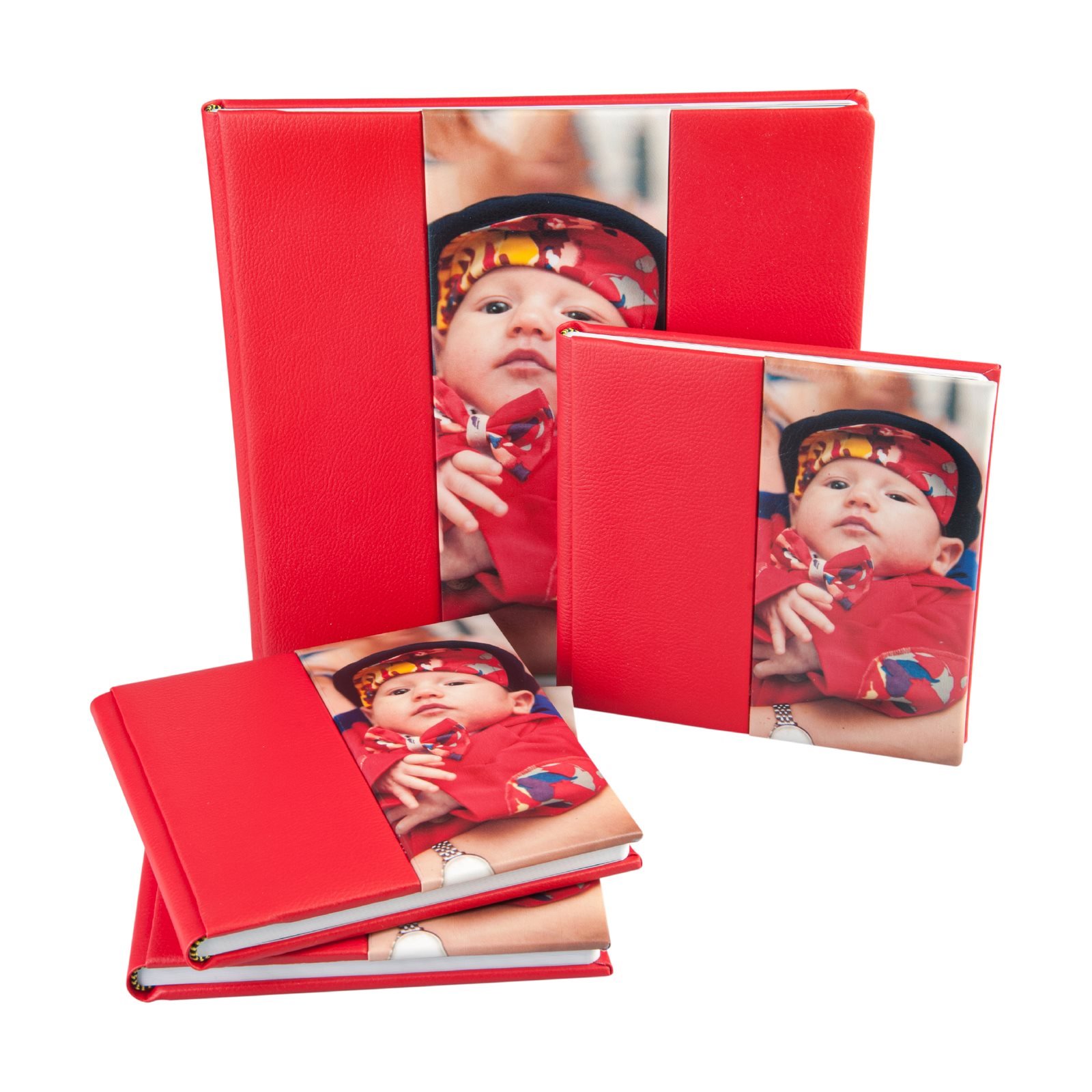 Álbum de fotos de bautizo de ecopiel 1 Álbumes de bautizo de ecopiel roja con foto insertada del bebé, tres formatos
