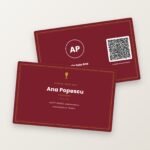 Cărți de vizită cu șablonul Elegant, bordo și auriu, față și verso cu cod QR