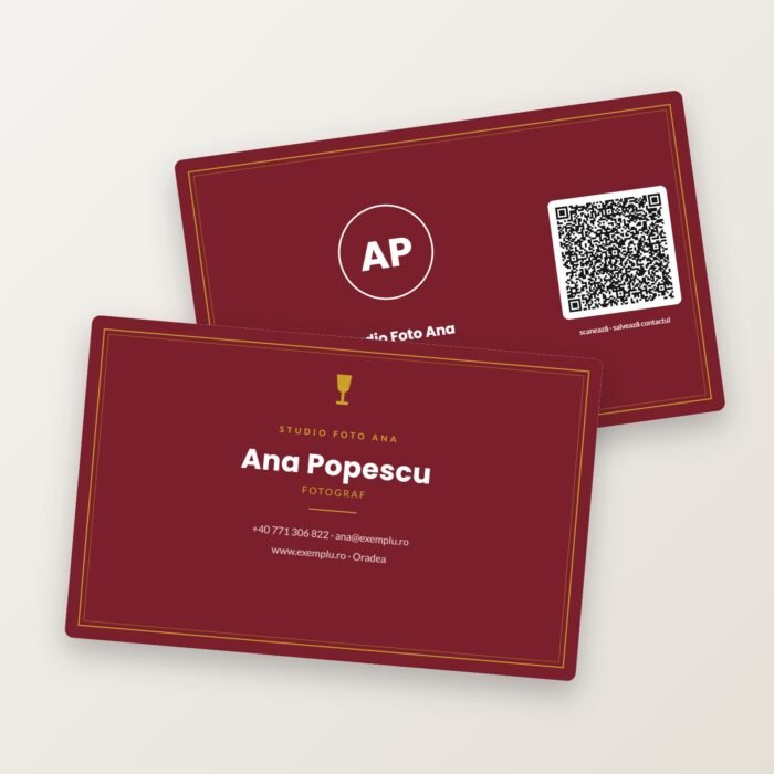 Cărți de vizită cu șablonul Elegant, bordo și auriu, față și verso cu cod QR