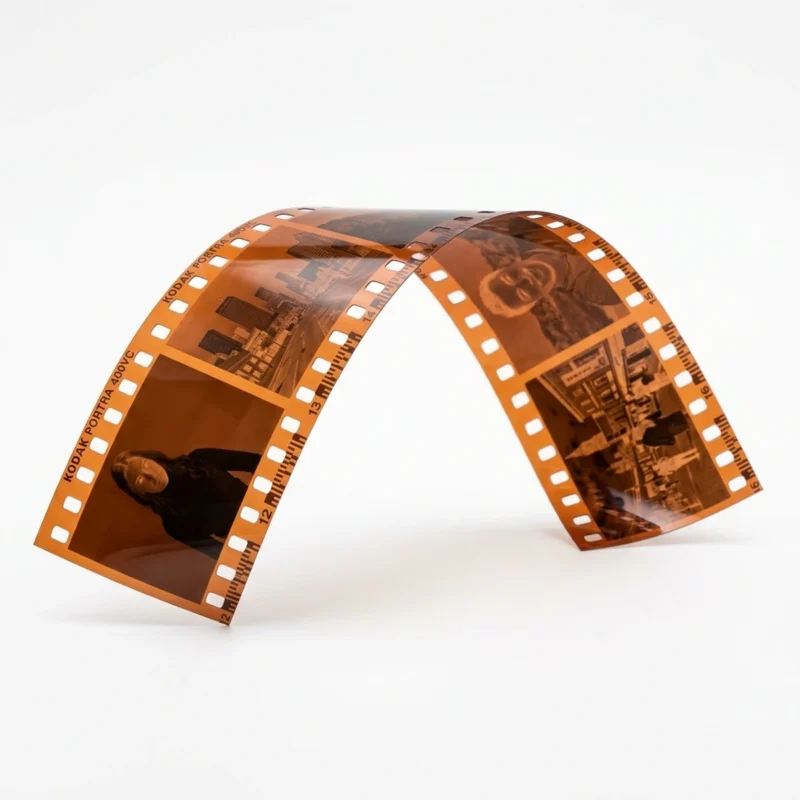 Fâșie de film negativ color 35 mm, cu perforații, pregătită pentru scanare, FotoVmag Oradea